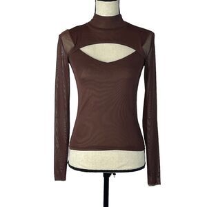 And Now This X-Small Mesh Top Mock Neck Long Sleeves Stretch Cutout Lined Brown